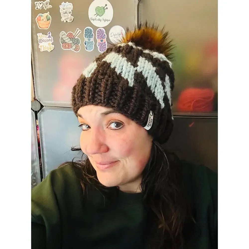 Hand Knit Tilt A Whirl Beanie: Cozy Winter Hat with Faux Fur Pom